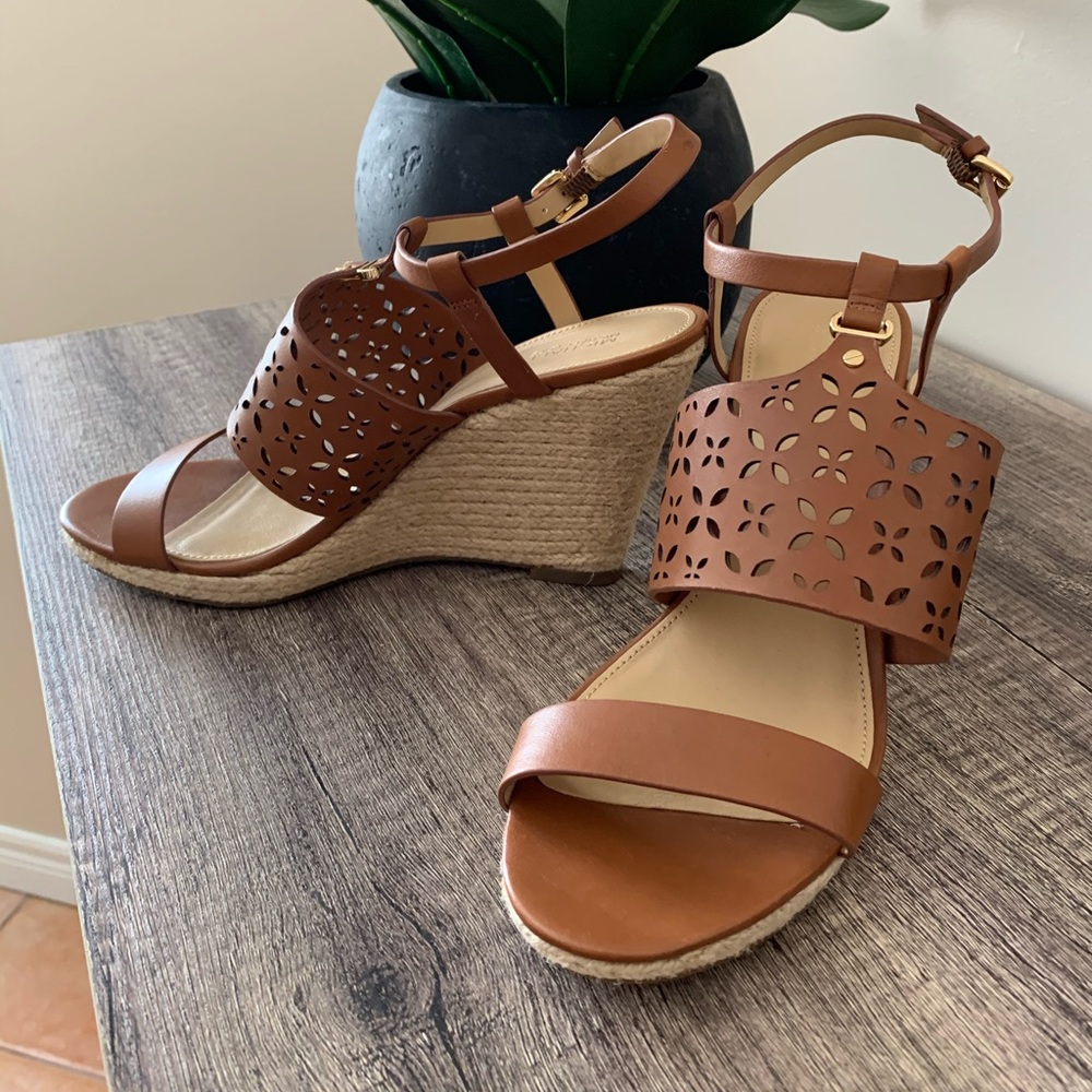 Michael Kors Brown Leather Cutout Espadrille Wedge Sandals